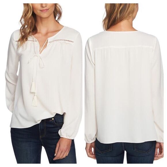 CeCe Satin Jacquard Ruffle Top Size Large - Picture 1 of 12